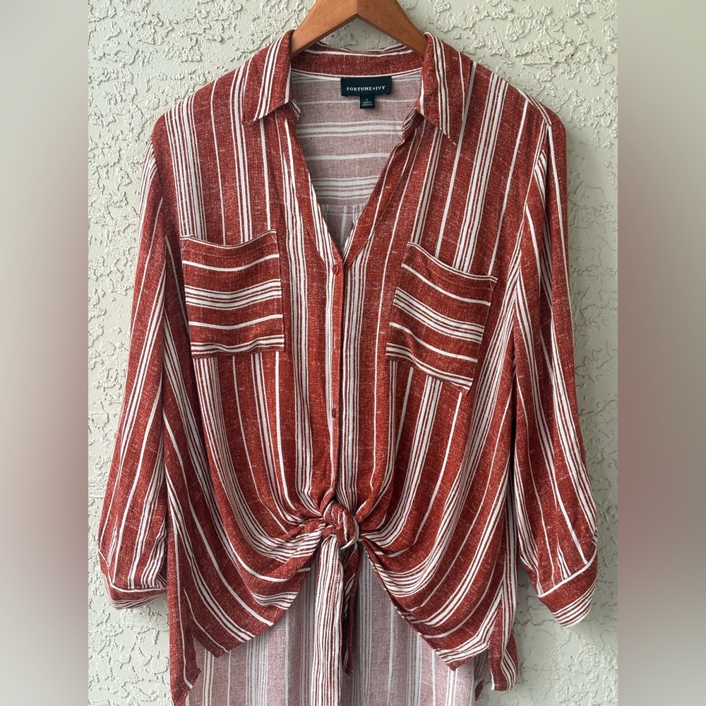 Fortune+Ivy Striped Tie Front Blouse Soft Boho Chic Hi Lo Top